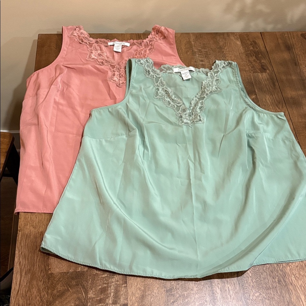 Roaman's 2 tank tops sz. 20W Pink & Green Lacey Camisoles